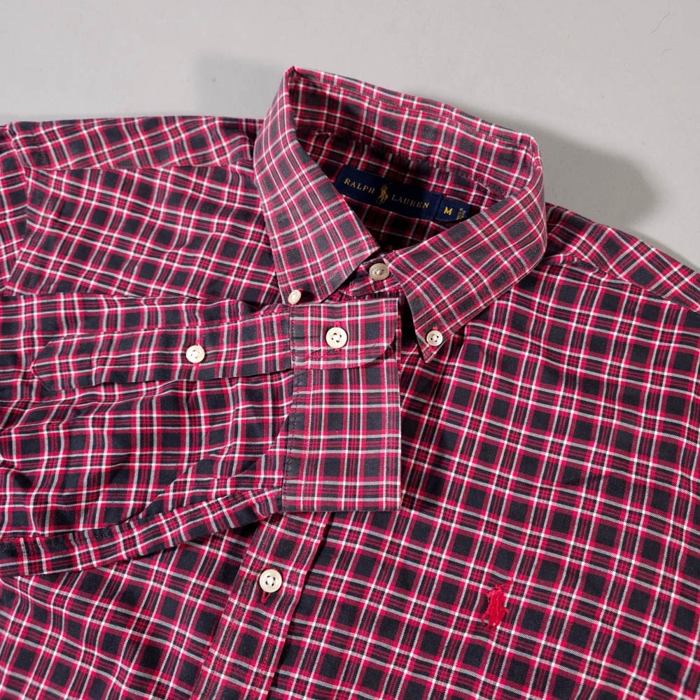 Ralph‎ Lauren Button Down Shirt Mens M Red Black Plaid Long Sleeve Pony Logo